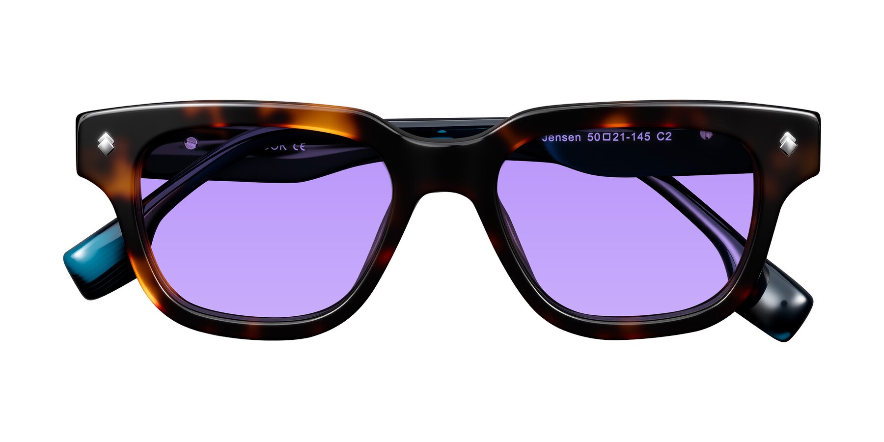 Folded Front of Jensen in Tortoise/Teal Striped with Medium Purple Tinted Lenses