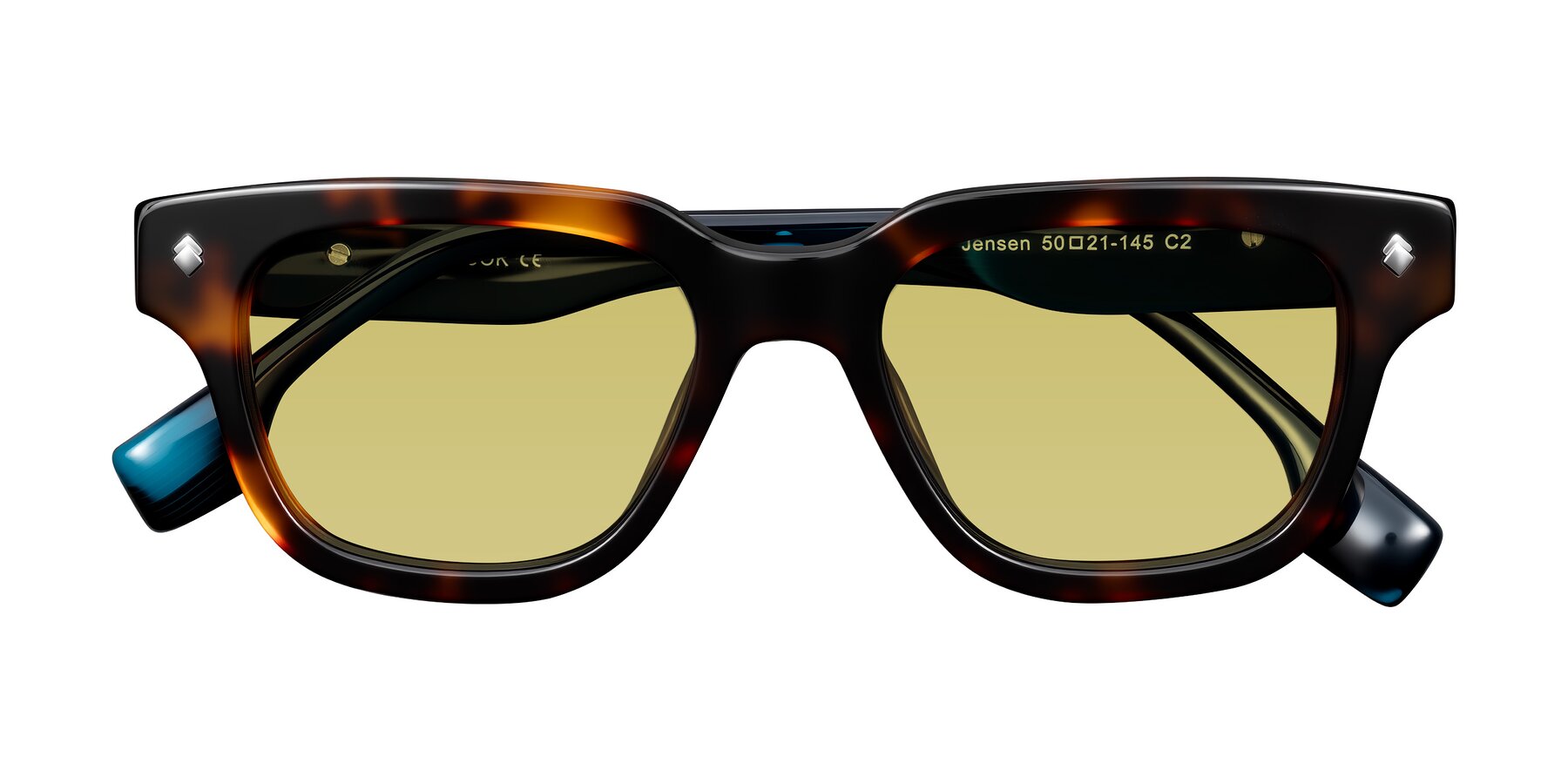 Folded Front of Jensen in Tortoise/Teal Striped with Medium Champagne Tinted Lenses