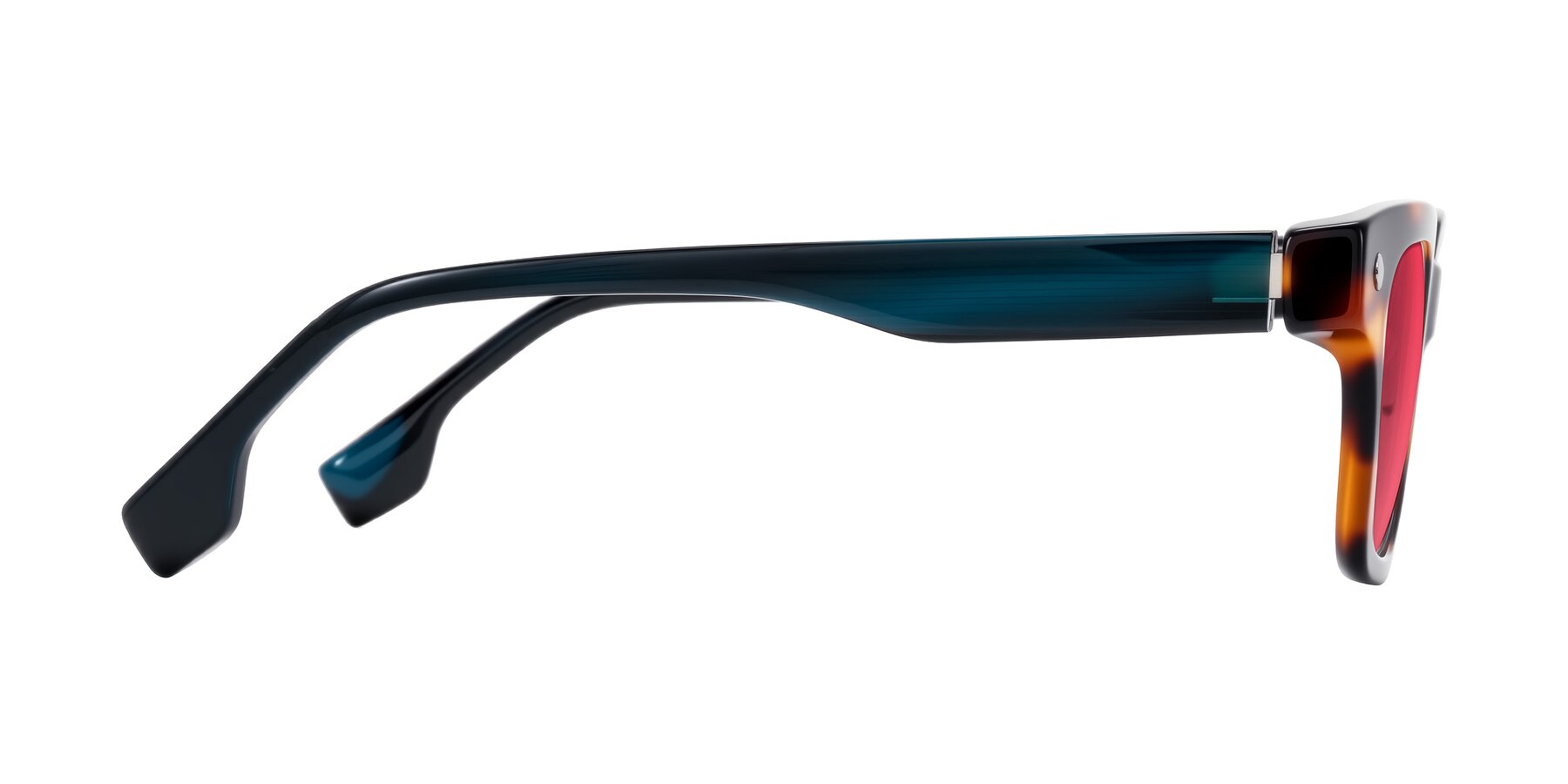 Side of Jensen in Tortoise/Teal Striped with Red Tinted Lenses