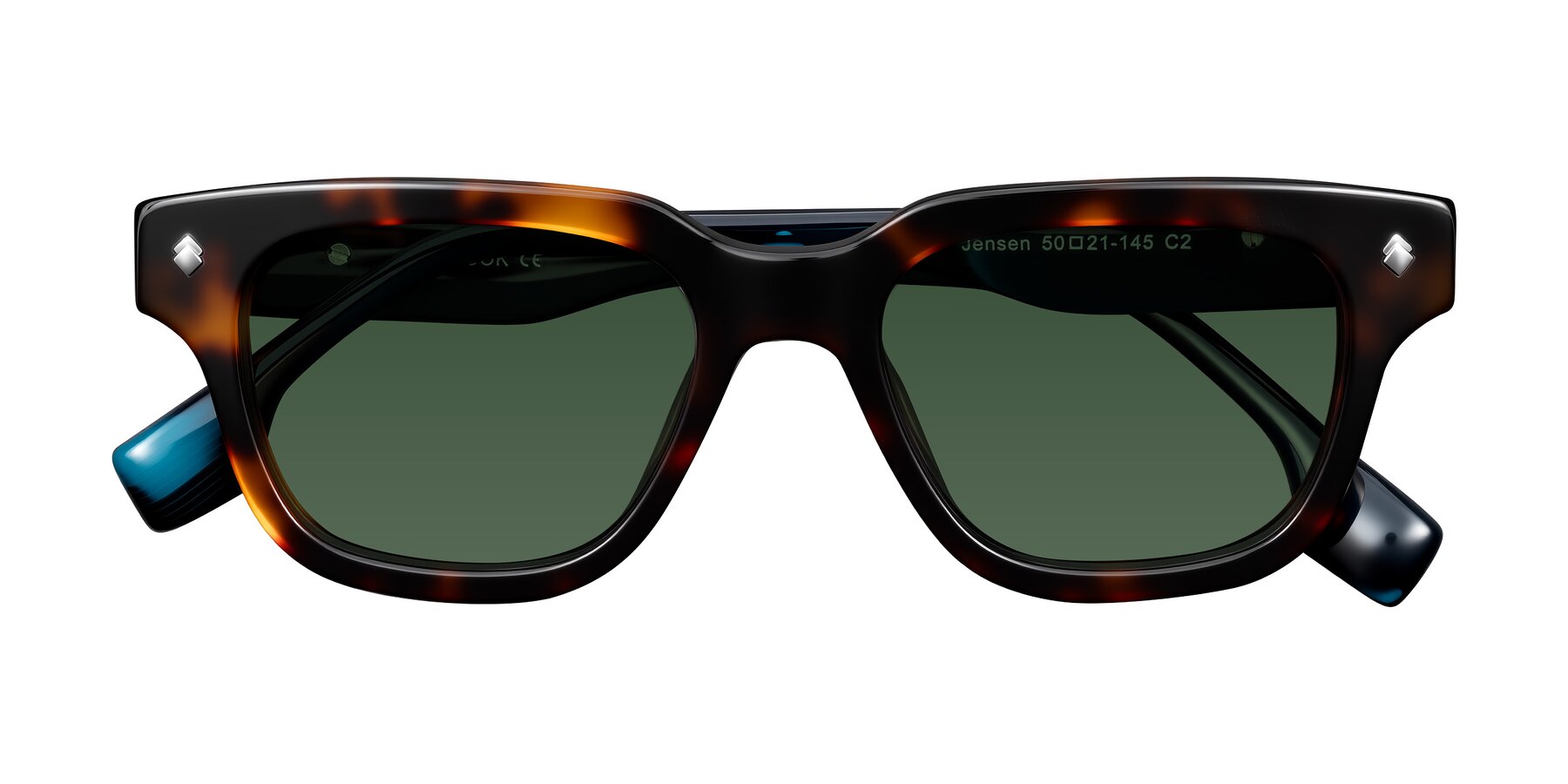 Folded Front of Jensen in Tortoise/Teal Striped with Green Tinted Lenses