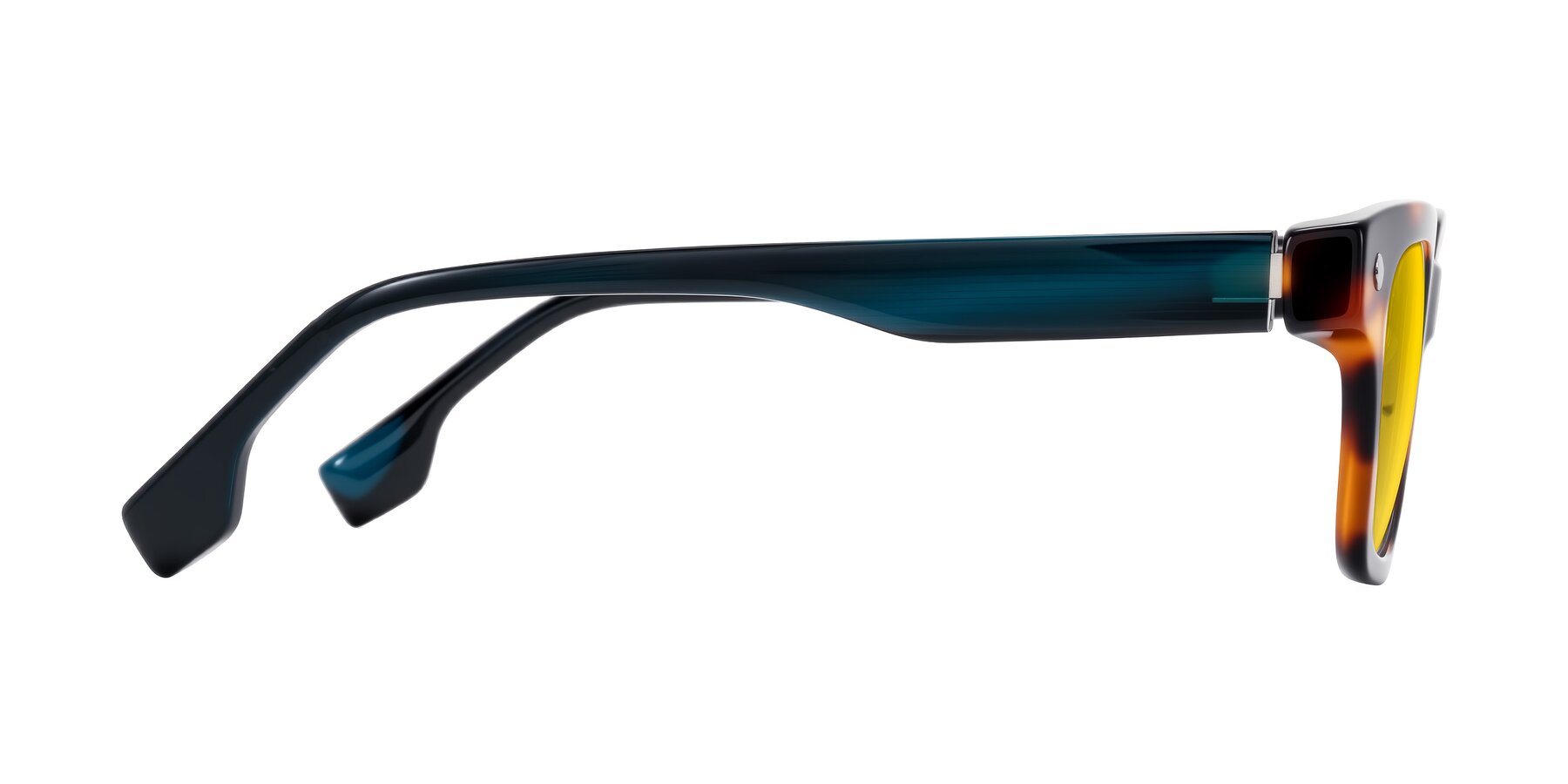 Side of Jensen in Tortoise/Teal Striped with Yellow Tinted Lenses