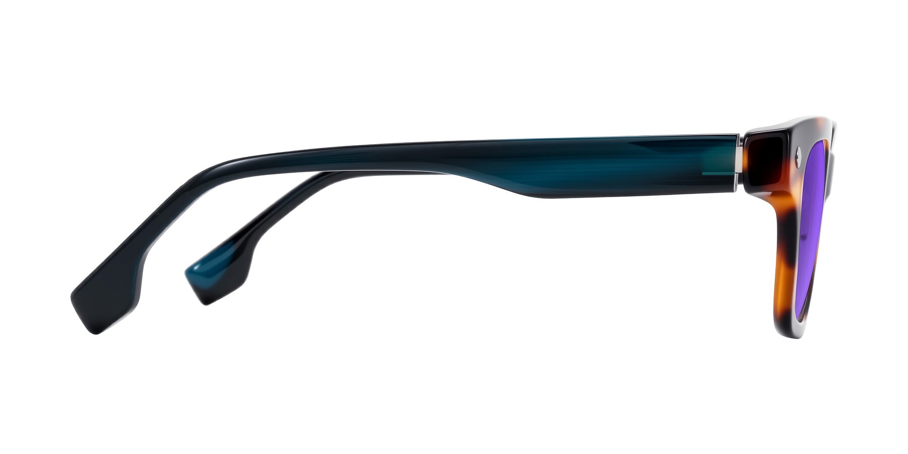 Side of Jensen in Tortoise/Teal Striped with Purple Tinted Lenses