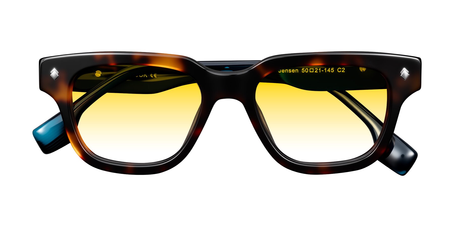 Folded Front of Jensen in Tortoise/Teal Striped with Yellow Gradient Lenses