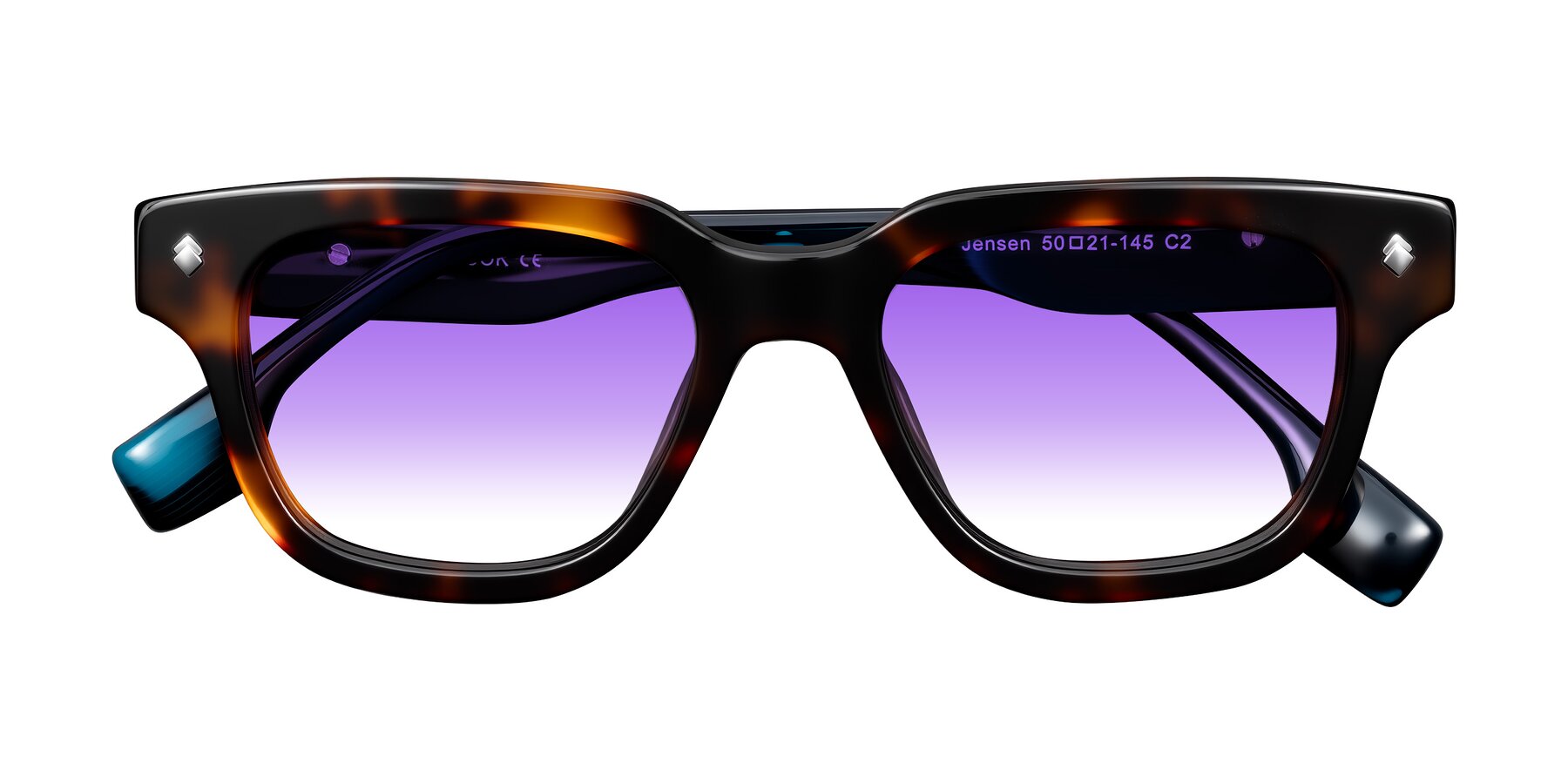 Folded Front of Jensen in Tortoise/Teal Striped with Purple Gradient Lenses