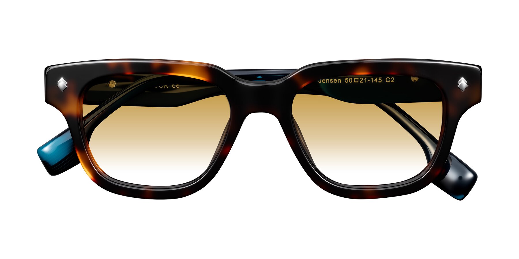 Folded Front of Jensen in Tortoise/Teal Striped with Champagne Gradient Lenses