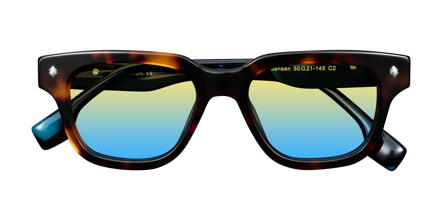 Folded Front of Jensen in Tortoise/Teal Striped with Yellow / Blue Gradient Lenses