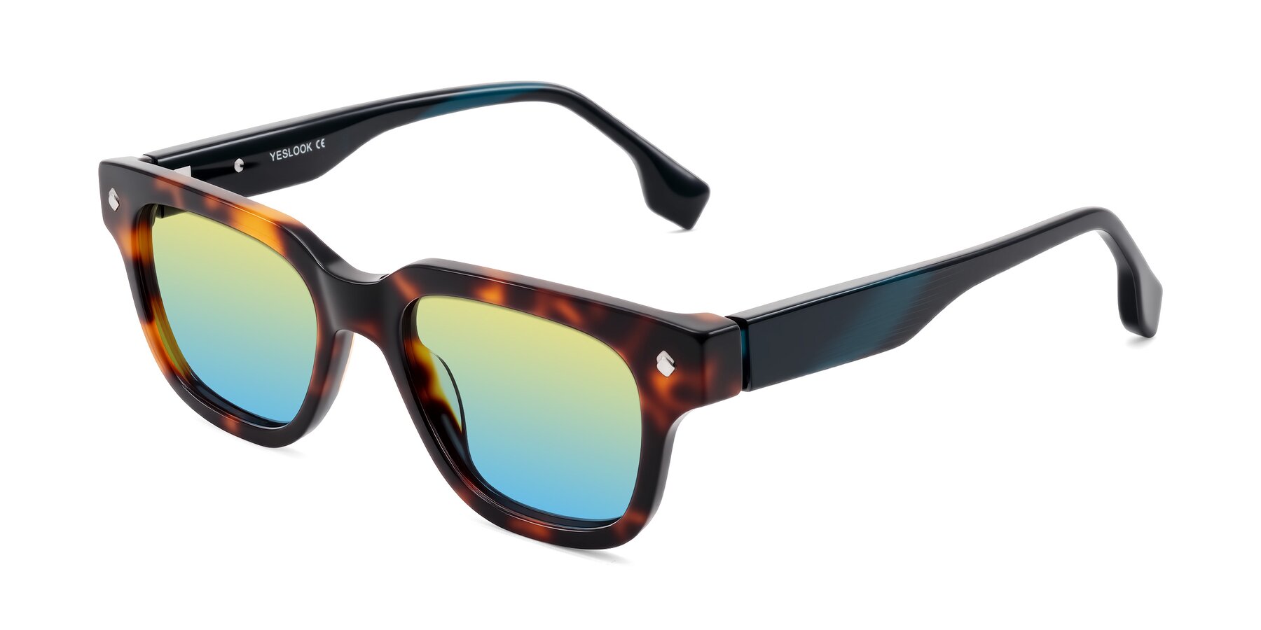 Angle of Jensen in Tortoise/Teal Striped with Yellow / Blue Gradient Lenses