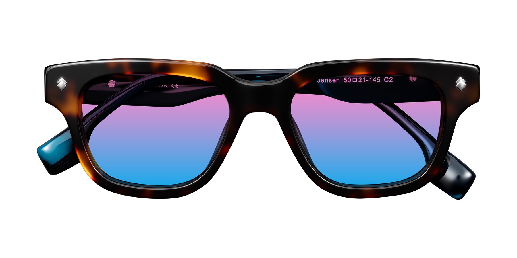 Folded Front of Jensen in Tortoise/Teal Striped with Pink / Blue Gradient Lenses