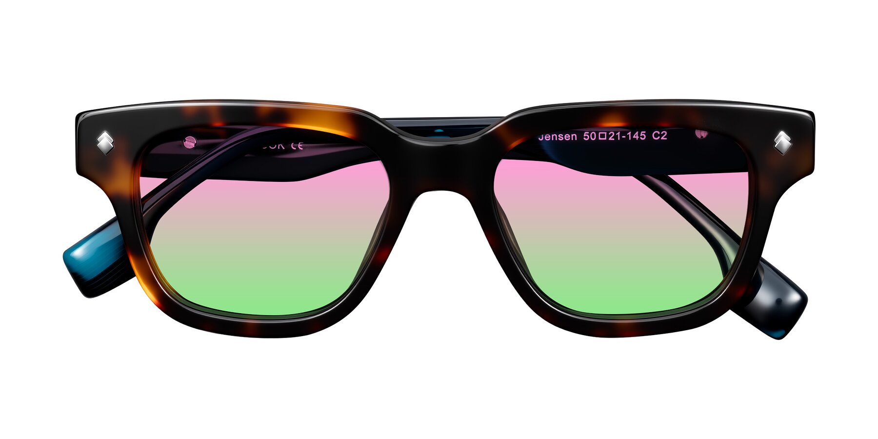 Folded Front of Jensen in Tortoise/Teal Striped with Pink / Green Gradient Lenses