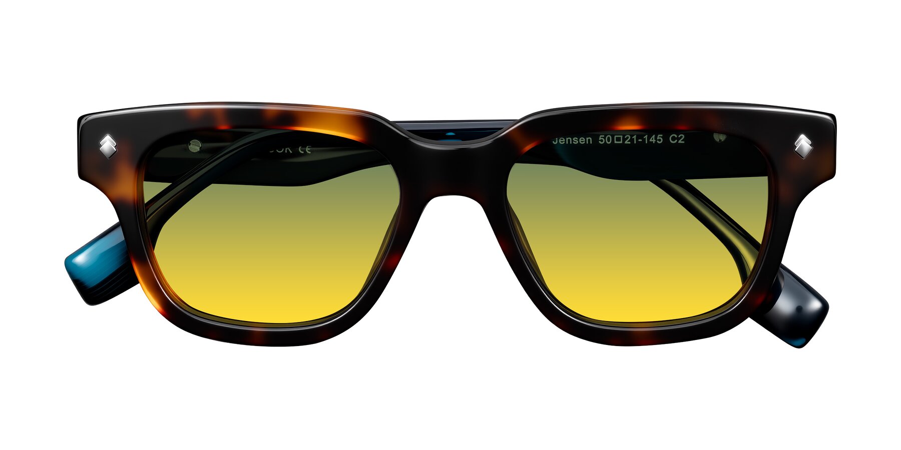 Folded Front of Jensen in Tortoise/Teal Striped with Green / Yellow Gradient Lenses