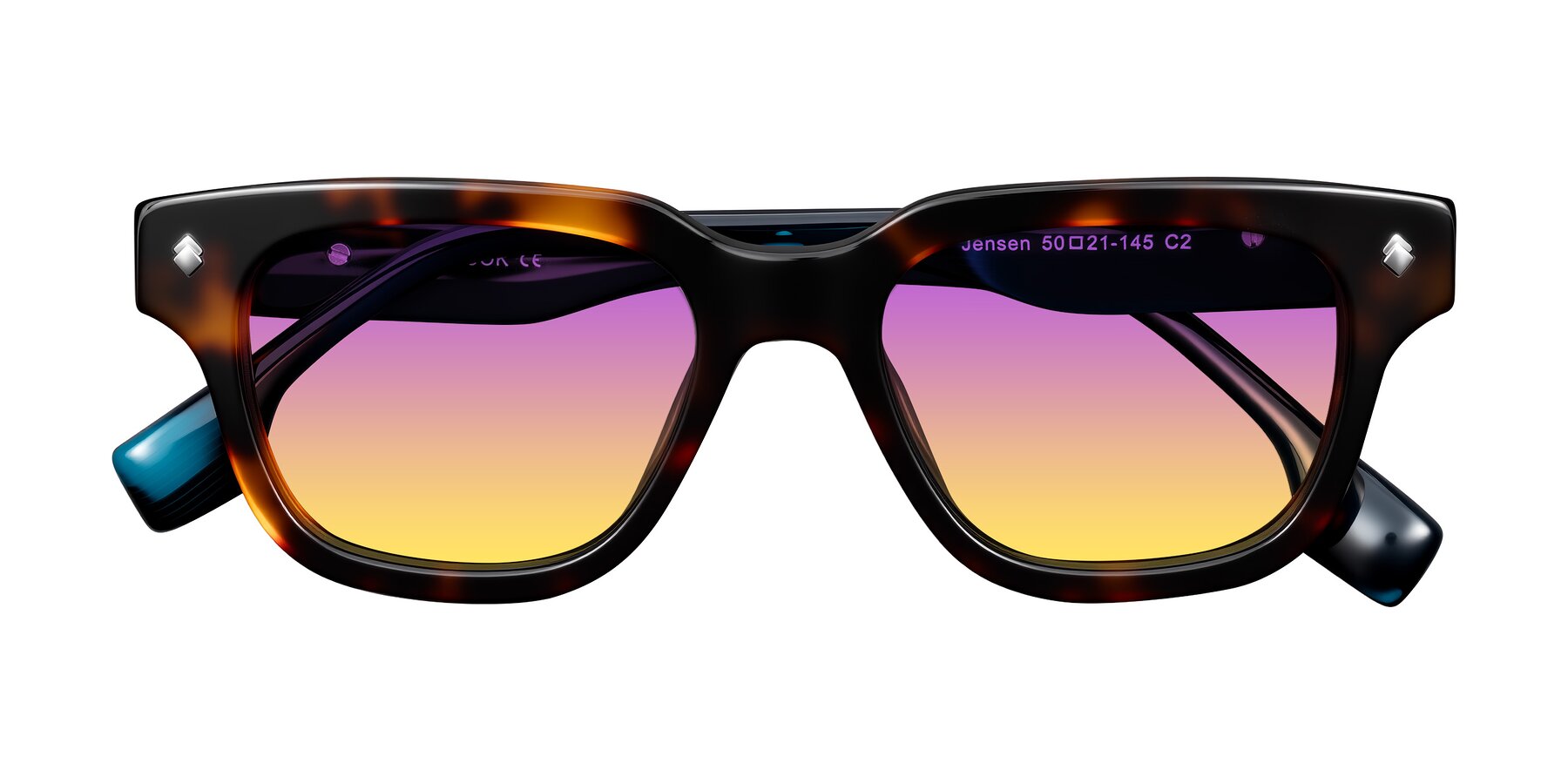 Folded Front of Jensen in Tortoise/Teal Striped with Purple / Yellow Gradient Lenses