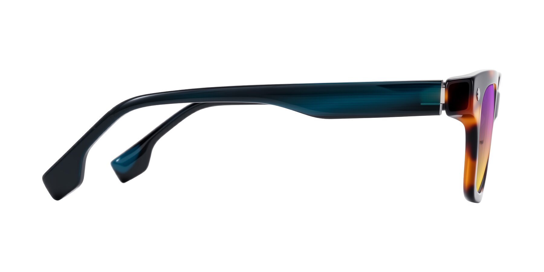 Side of Jensen in Tortoise/Teal Striped with Purple / Yellow Gradient Lenses