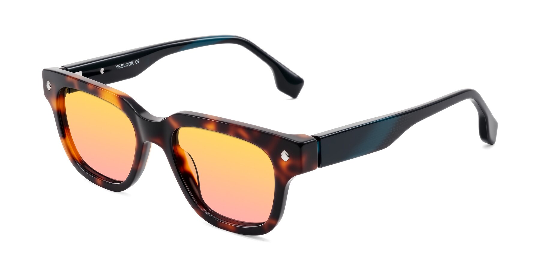 Angle of Jensen in Tortoise/Teal Striped with Yellow / Pink Gradient Lenses