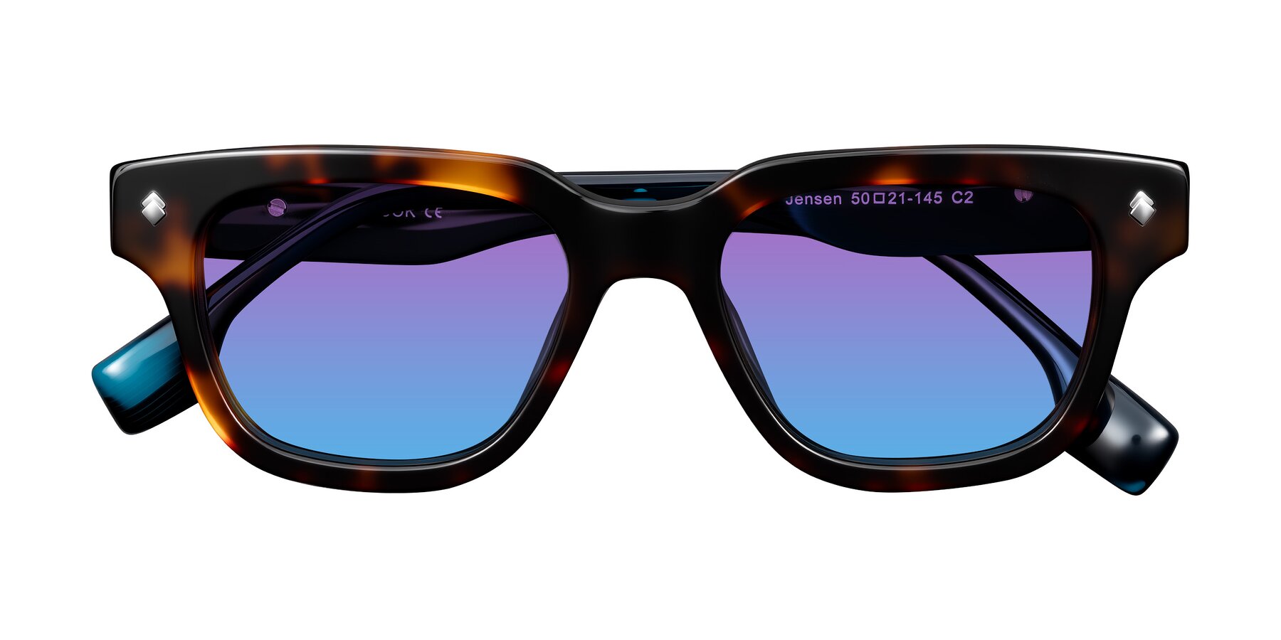 Folded Front of Jensen in Tortoise/Teal Striped with Purple / Blue Gradient Lenses