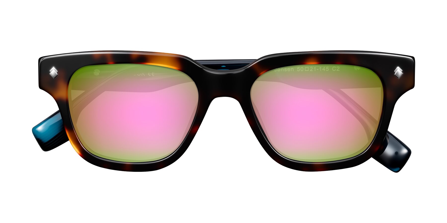 Folded Front of Jensen in Tortoise/Teal Striped with Pink Mirrored Lenses