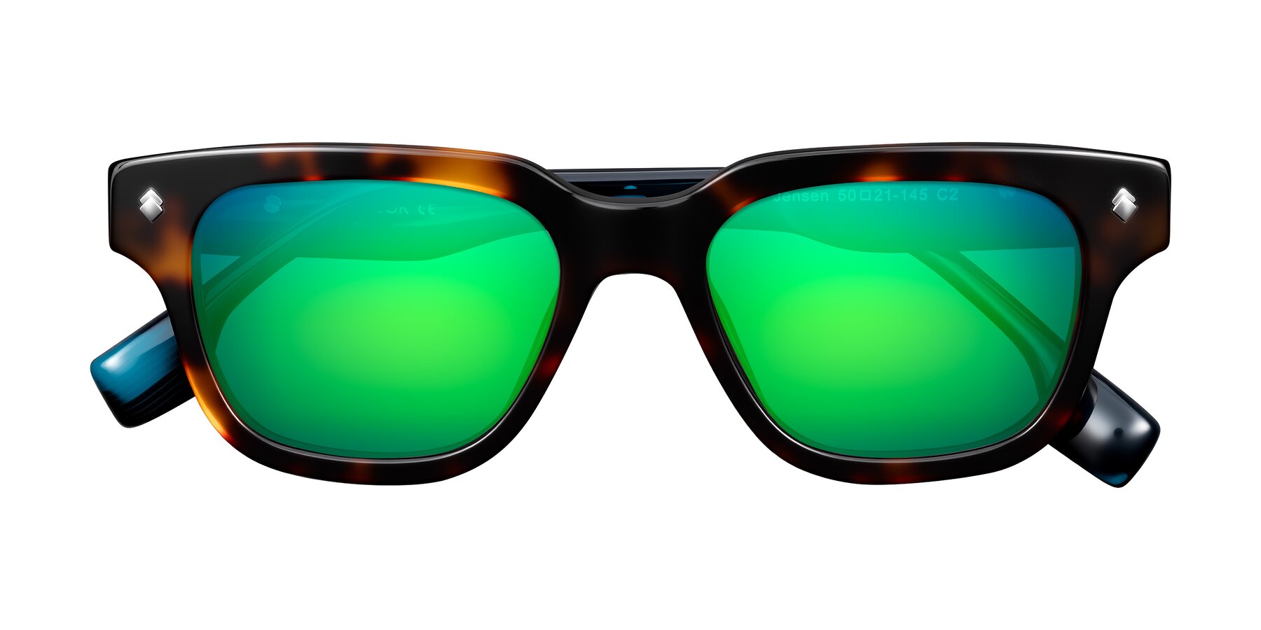 Folded Front of Jensen in Tortoise/Teal Striped with Green Mirrored Lenses