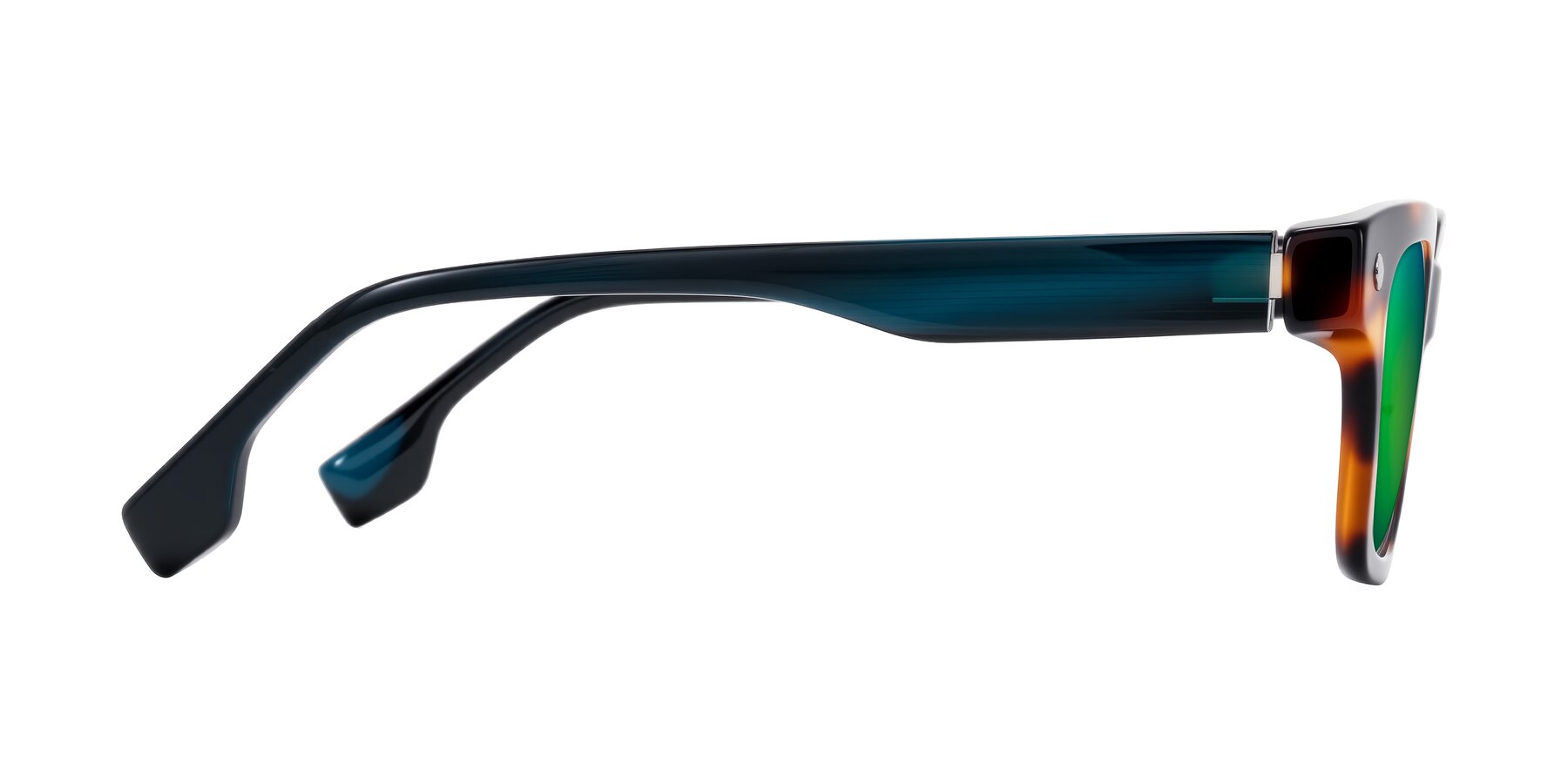 Side of Jensen in Tortoise/Teal Striped with Green Mirrored Lenses