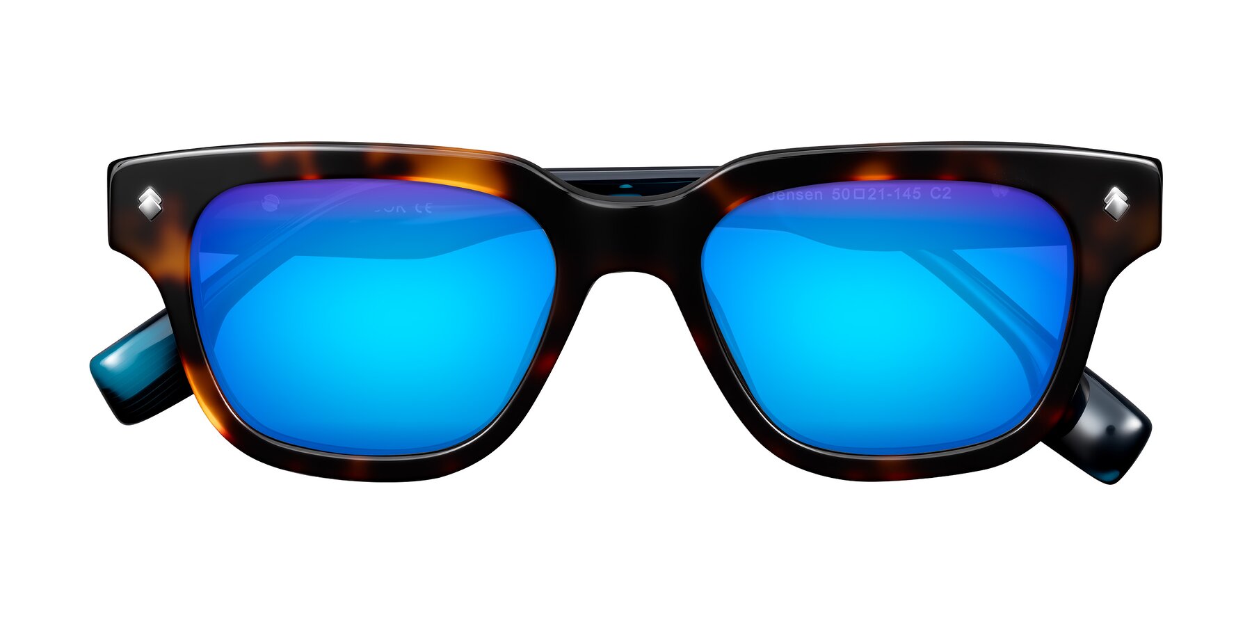 Folded Front of Jensen in Tortoise/Teal Striped with Blue Mirrored Lenses