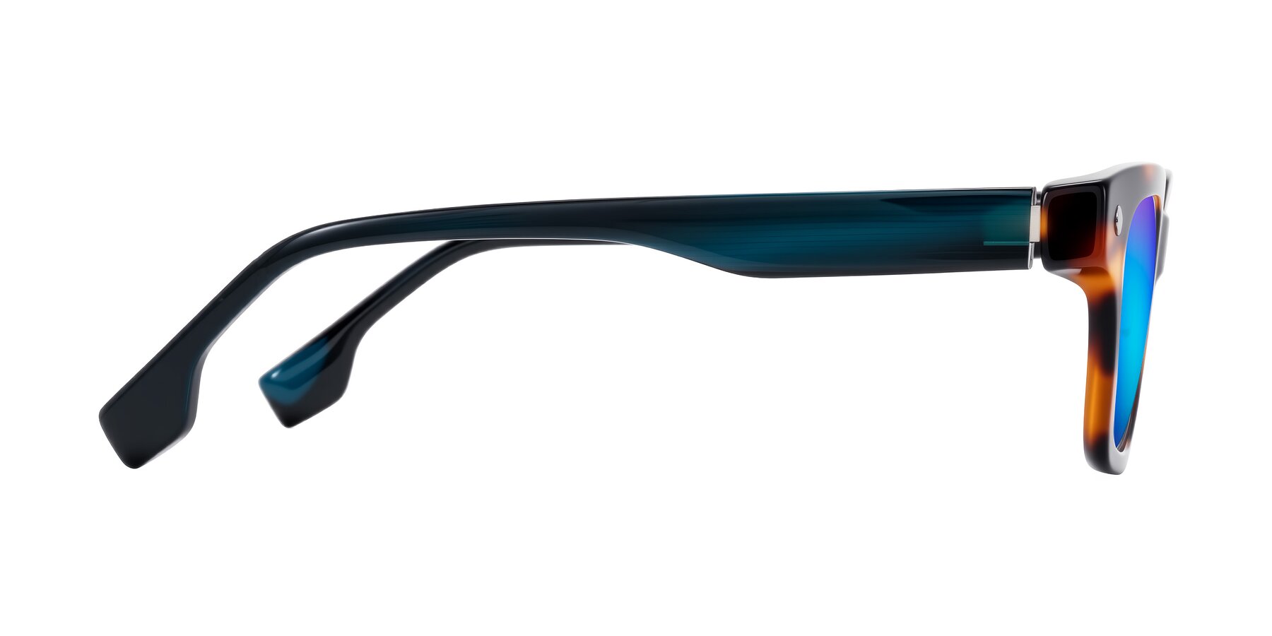 Side of Jensen in Tortoise/Teal Striped with Blue Mirrored Lenses