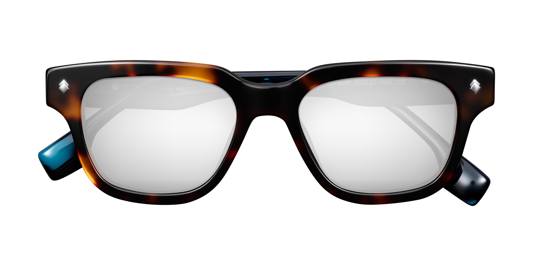 Folded Front of Jensen in Tortoise/Teal Striped with Silver Mirrored Lenses