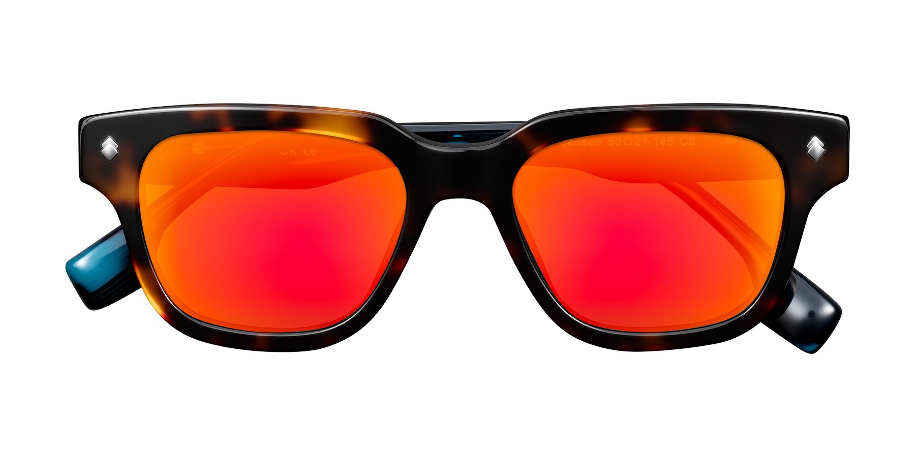 Folded Front of Jensen in Tortoise/Teal Striped with Red Gold Mirrored Lenses