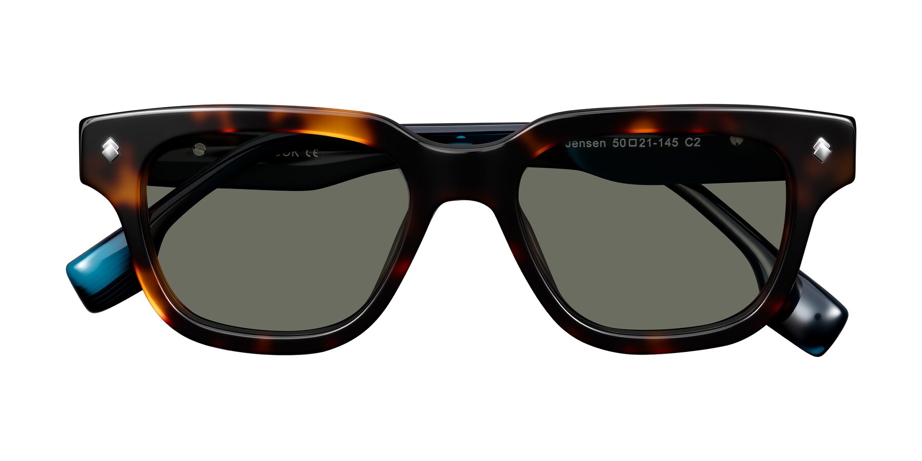 Folded Front of Jensen in Tortoise/Teal Striped with Gray Polarized Lenses