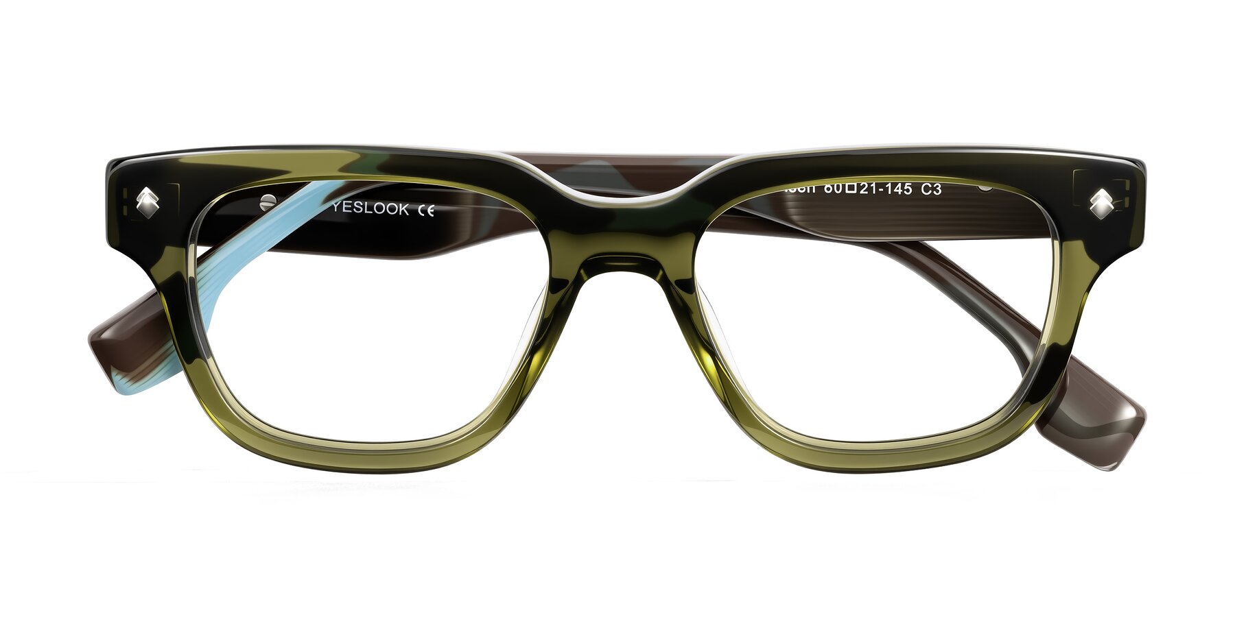 Folded Front of Jensen in Moss Green/Light Blue Striped with Clear Eyeglass Lenses
