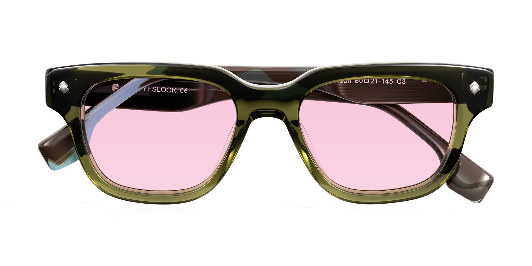 Folded Front of Jensen in Moss Green/Light Blue Striped with Light Pink Tinted Lenses