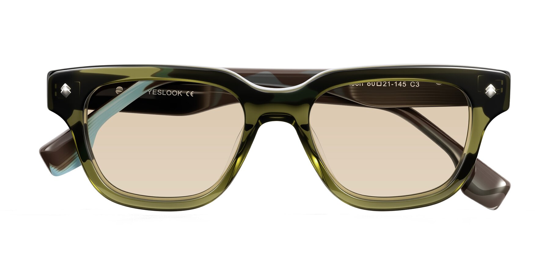 Folded Front of Jensen in Moss Green/Light Blue Striped with Light Brown Tinted Lenses