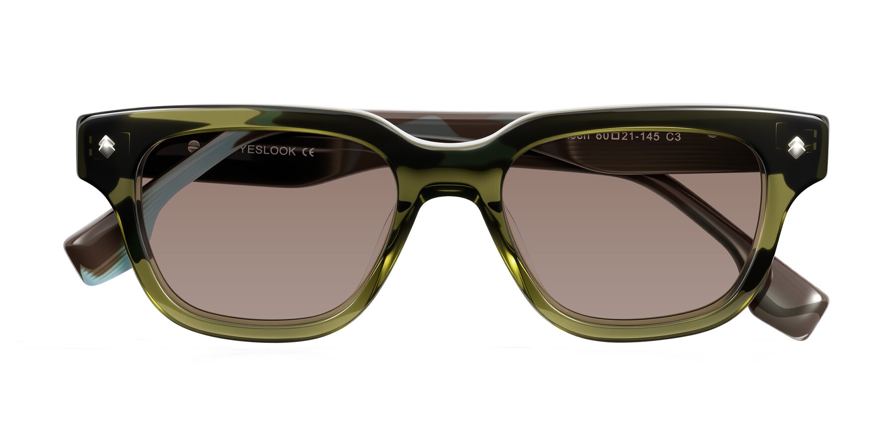 Folded Front of Jensen in Moss Green/Light Blue Striped with Medium Brown Tinted Lenses