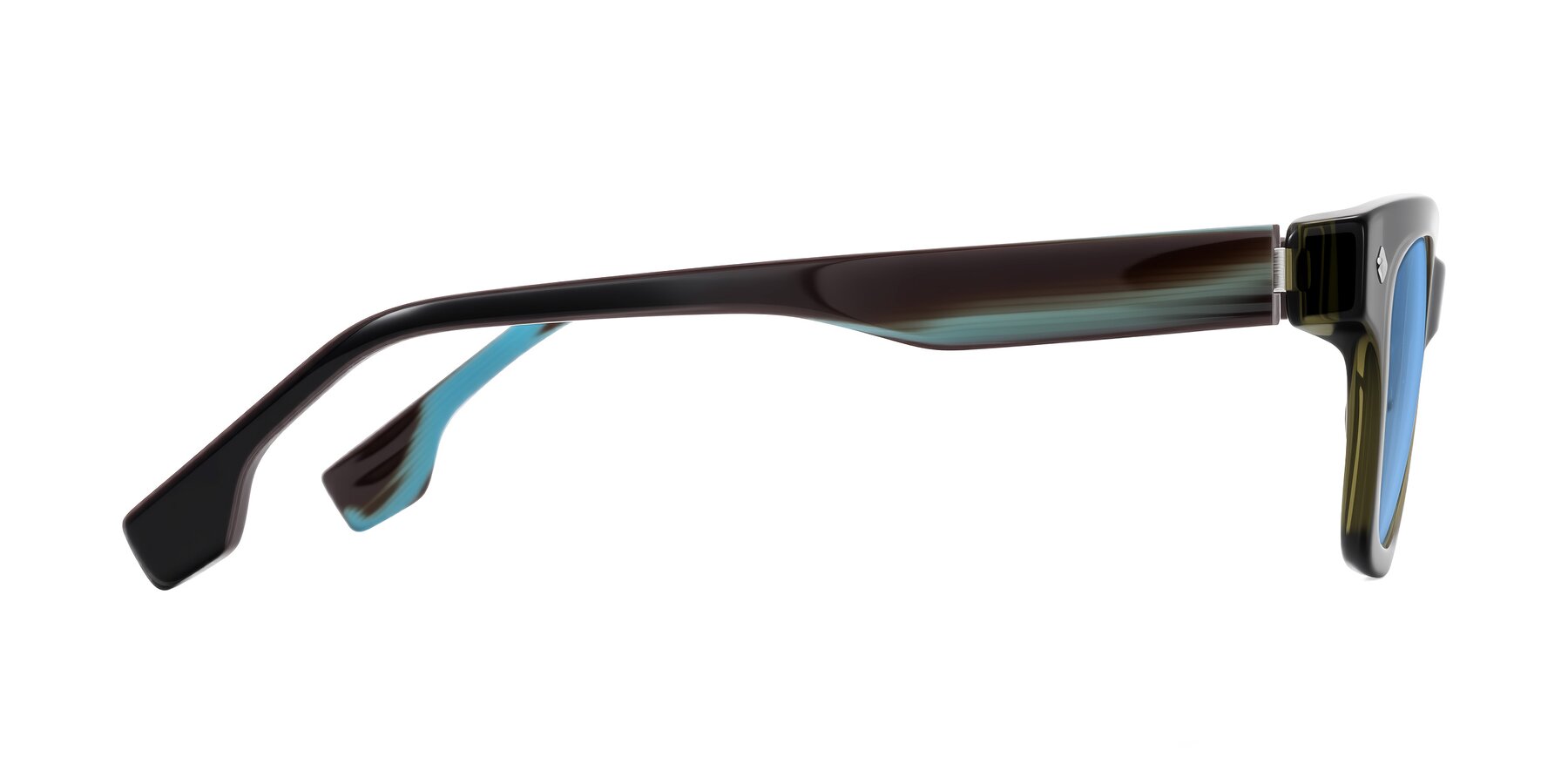 Side of Jensen in Moss Green/Light Blue Striped with Medium Blue Tinted Lenses