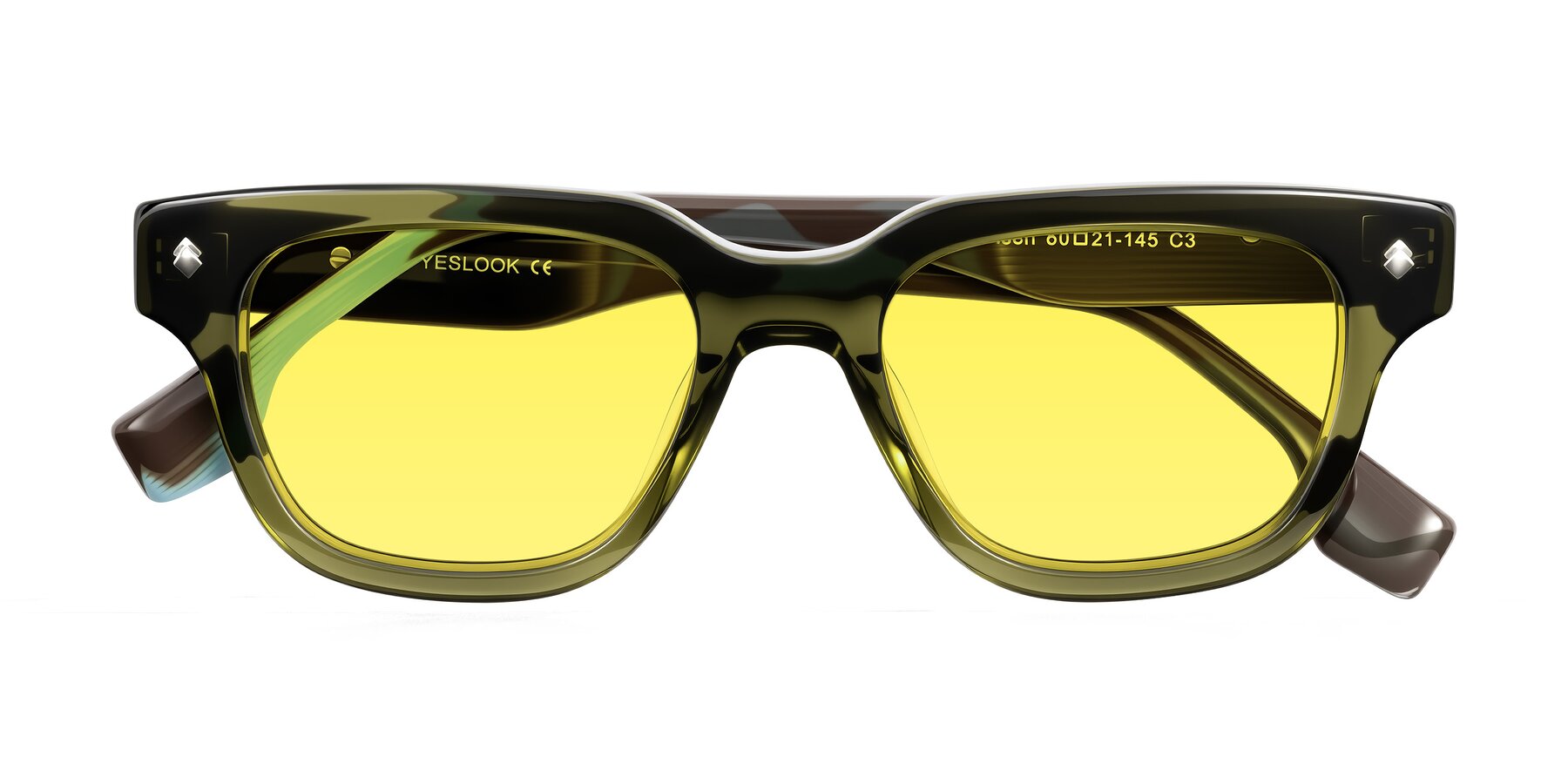 Folded Front of Jensen in Moss Green/Light Blue Striped with Medium Yellow Tinted Lenses