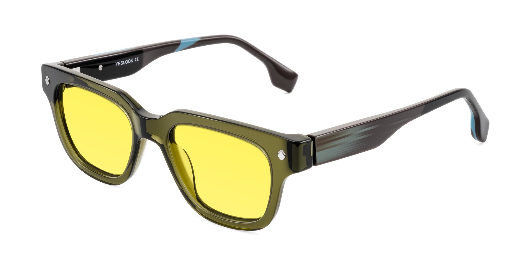 Angle of Jensen in Moss Green/Light Blue Striped with Medium Yellow Tinted Lenses