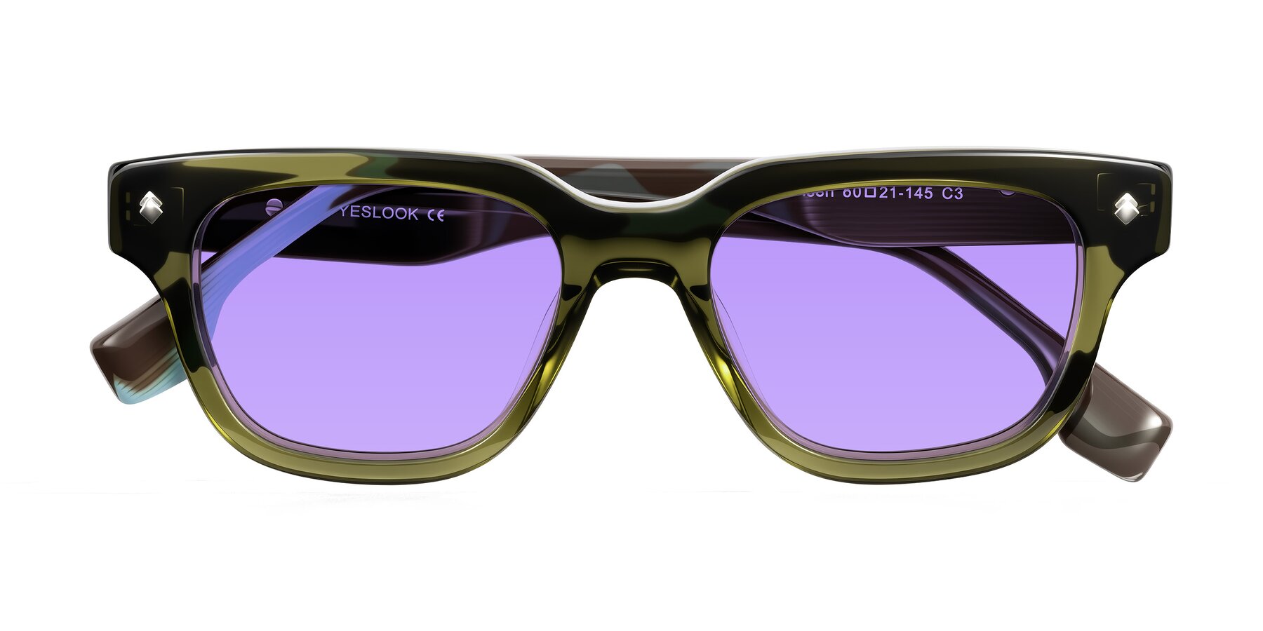 Folded Front of Jensen in Moss Green/Light Blue Striped with Medium Purple Tinted Lenses