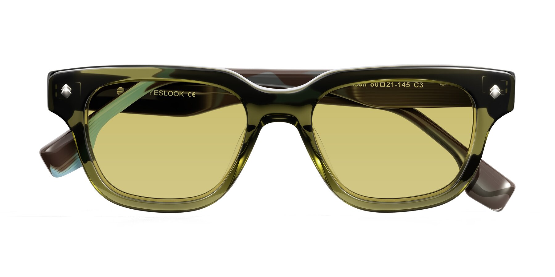 Folded Front of Jensen in Moss Green/Light Blue Striped with Medium Champagne Tinted Lenses