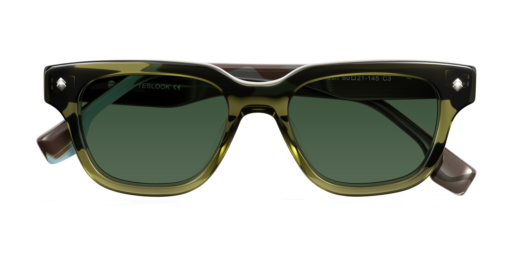Folded Front of Jensen in Moss Green/Light Blue Striped with Green Tinted Lenses