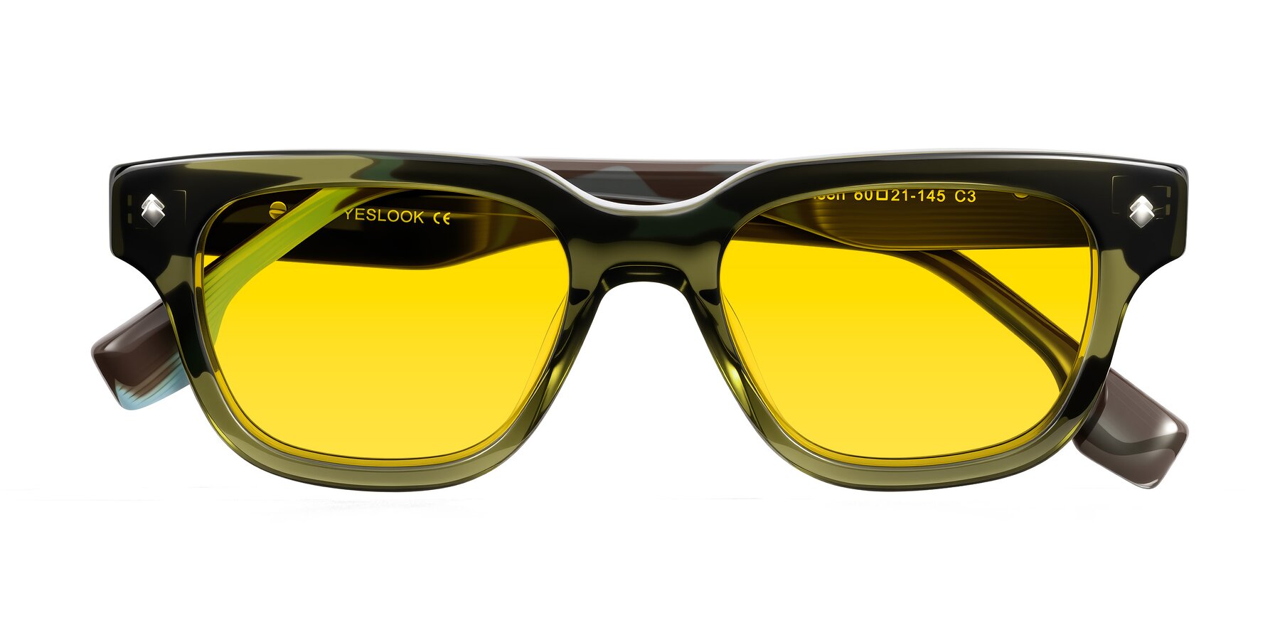 Folded Front of Jensen in Moss Green/Light Blue Striped with Yellow Tinted Lenses