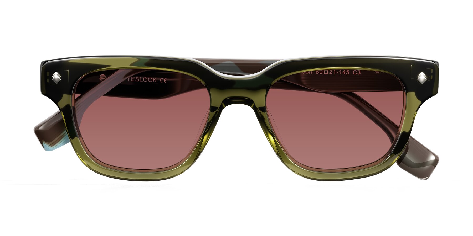 Folded Front of Jensen in Moss Green/Light Blue Striped with Garnet Tinted Lenses