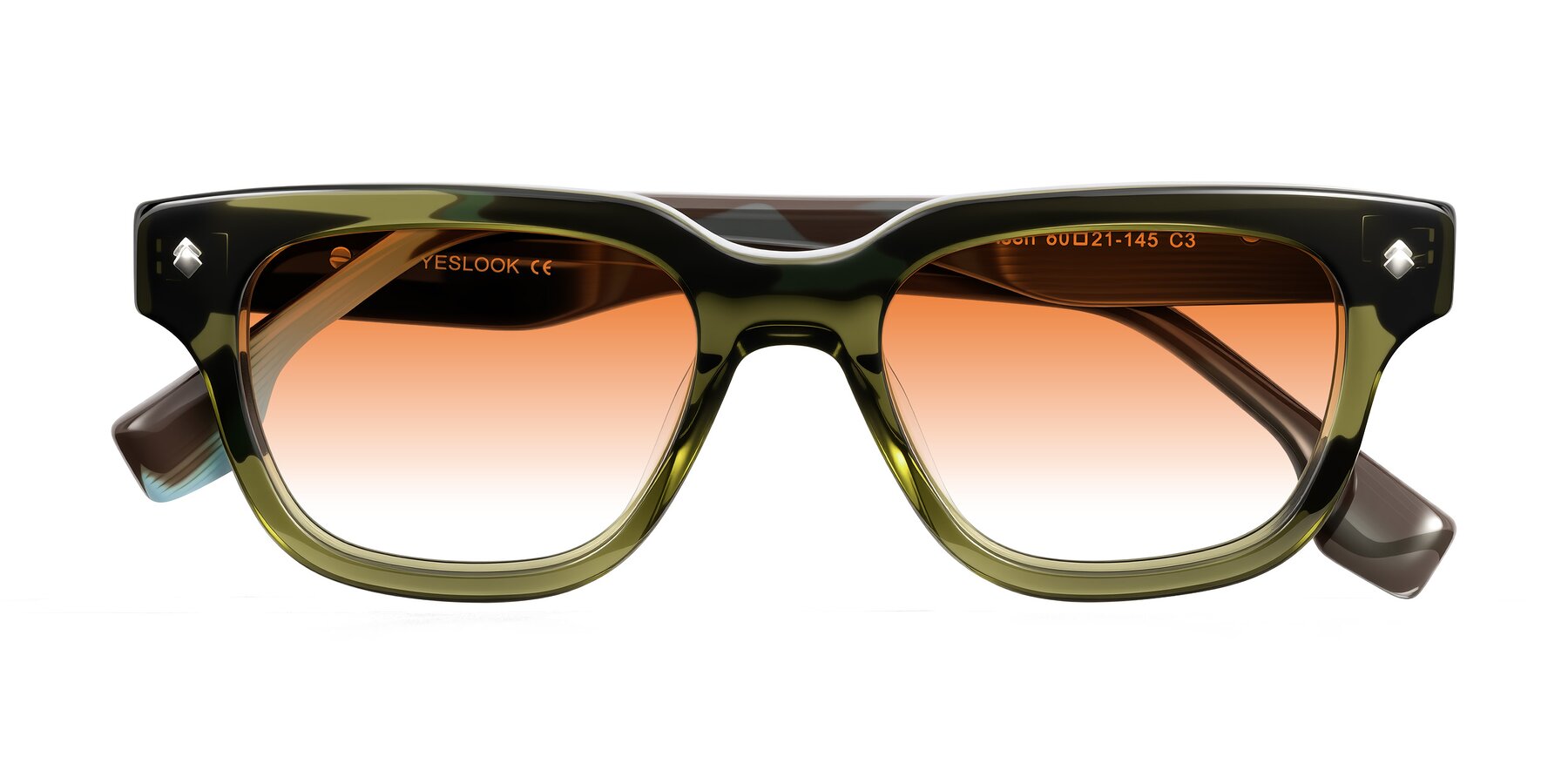 Folded Front of Jensen in Moss Green/Light Blue Striped with Orange Gradient Lenses