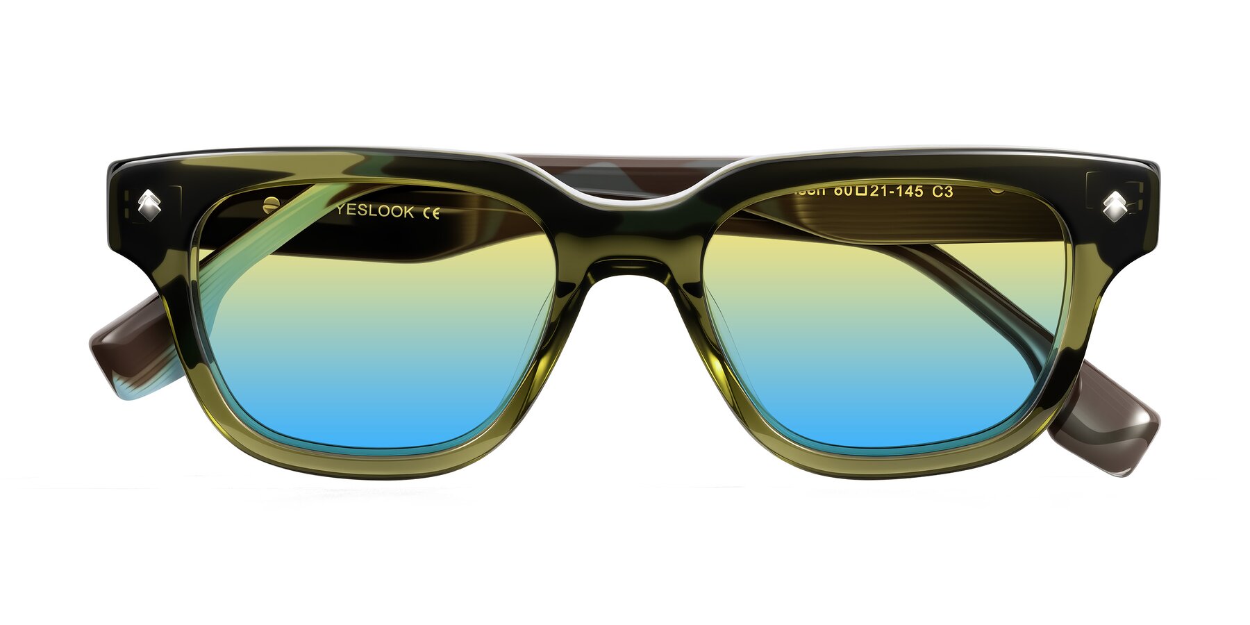 Folded Front of Jensen in Moss Green/Light Blue Striped with Yellow / Blue Gradient Lenses