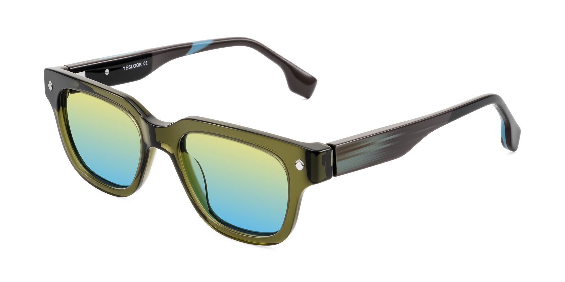 Angle of Jensen in Moss Green/Light Blue Striped with Yellow / Blue Gradient Lenses