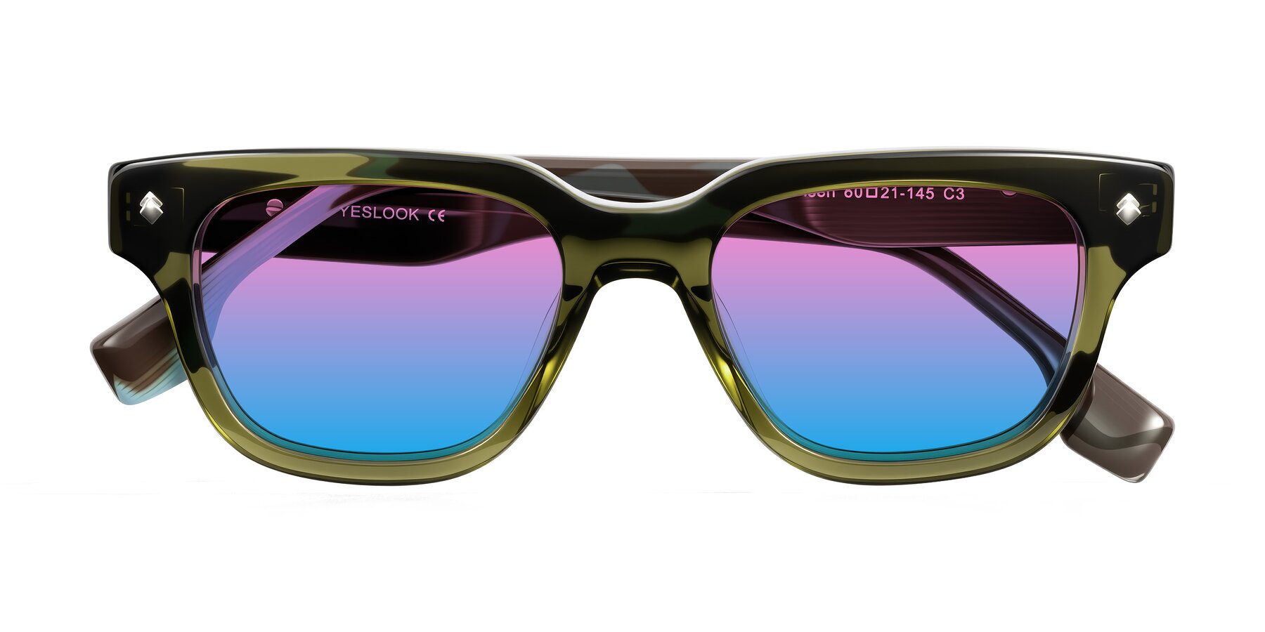 Folded Front of Jensen in Moss Green/Light Blue Striped with Pink / Blue Gradient Lenses