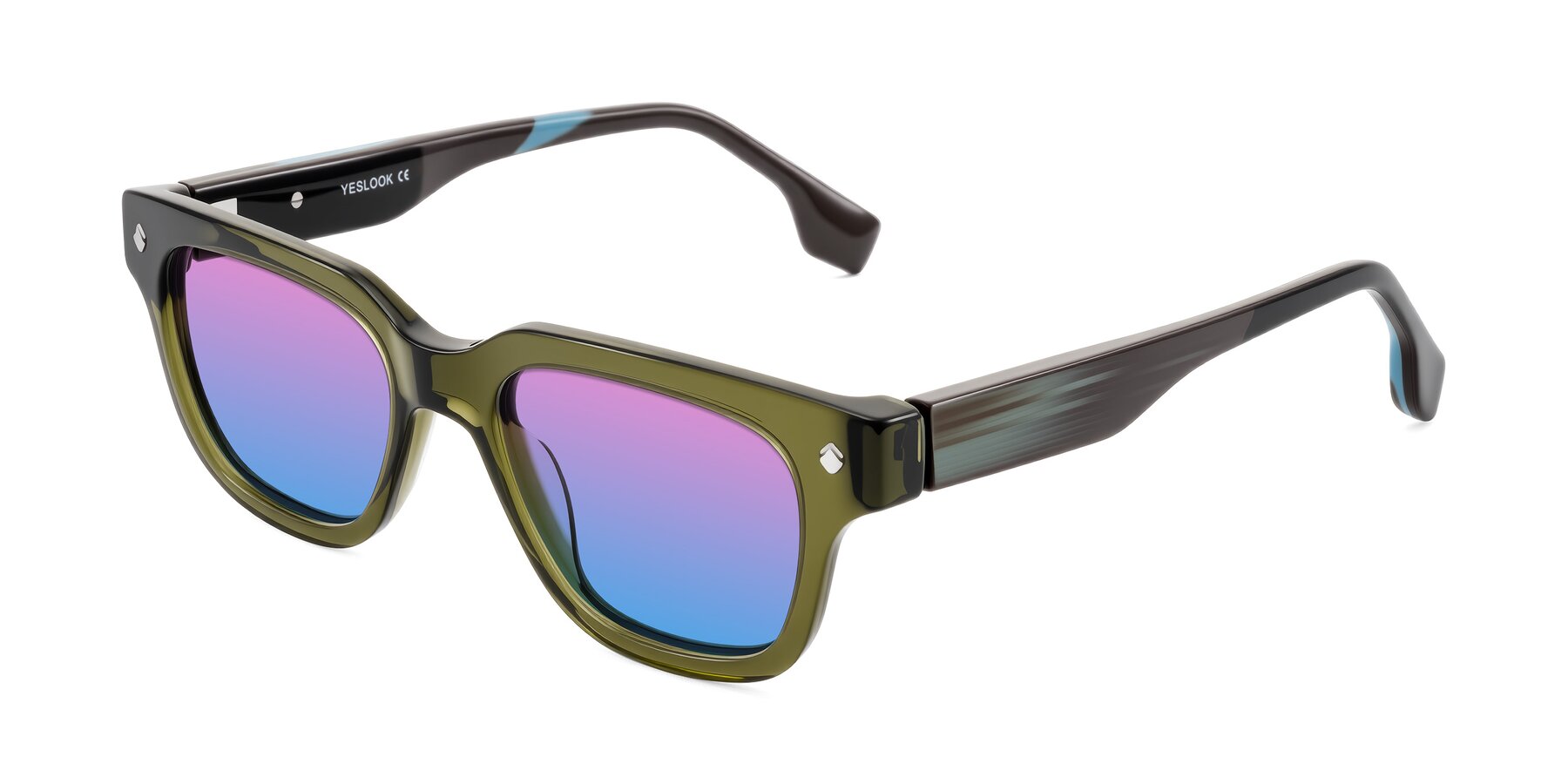 Angle of Jensen in Moss Green/Light Blue Striped with Pink / Blue Gradient Lenses