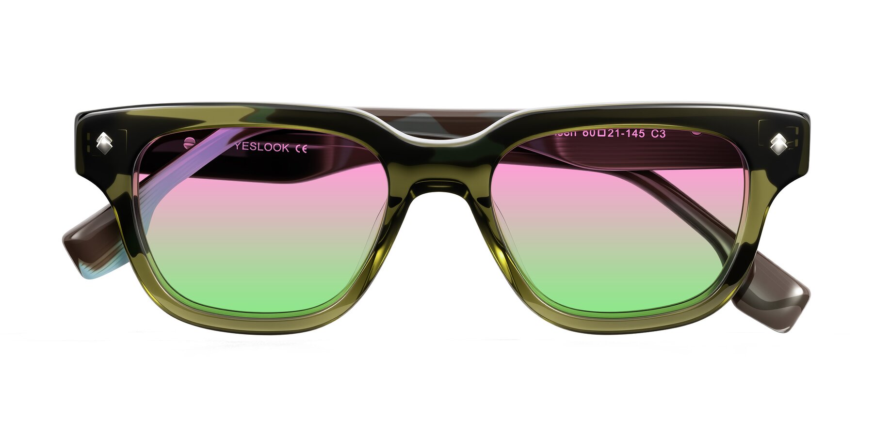 Folded Front of Jensen in Moss Green/Light Blue Striped with Pink / Green Gradient Lenses