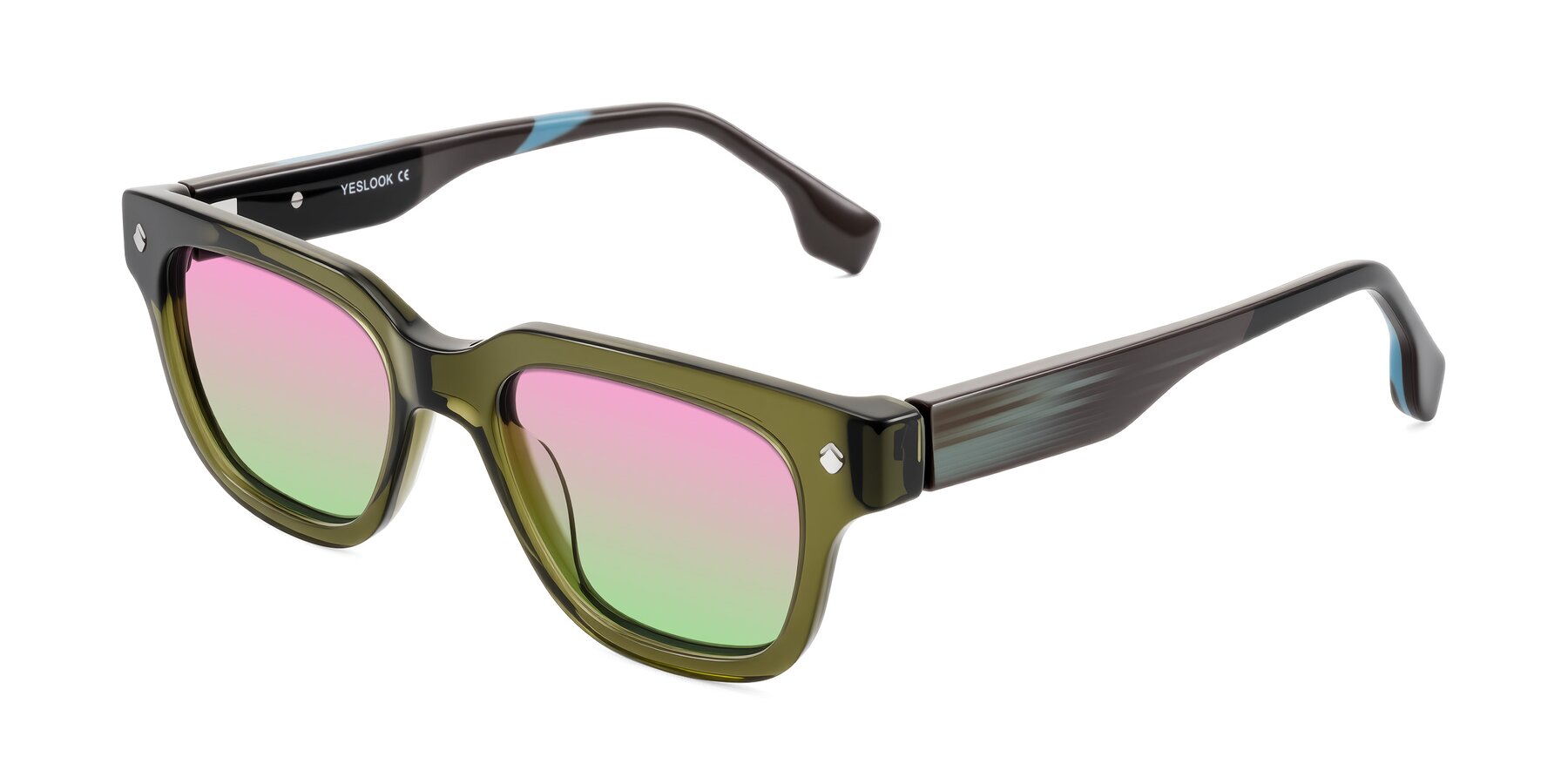 Angle of Jensen in Moss Green/Light Blue Striped with Pink / Green Gradient Lenses
