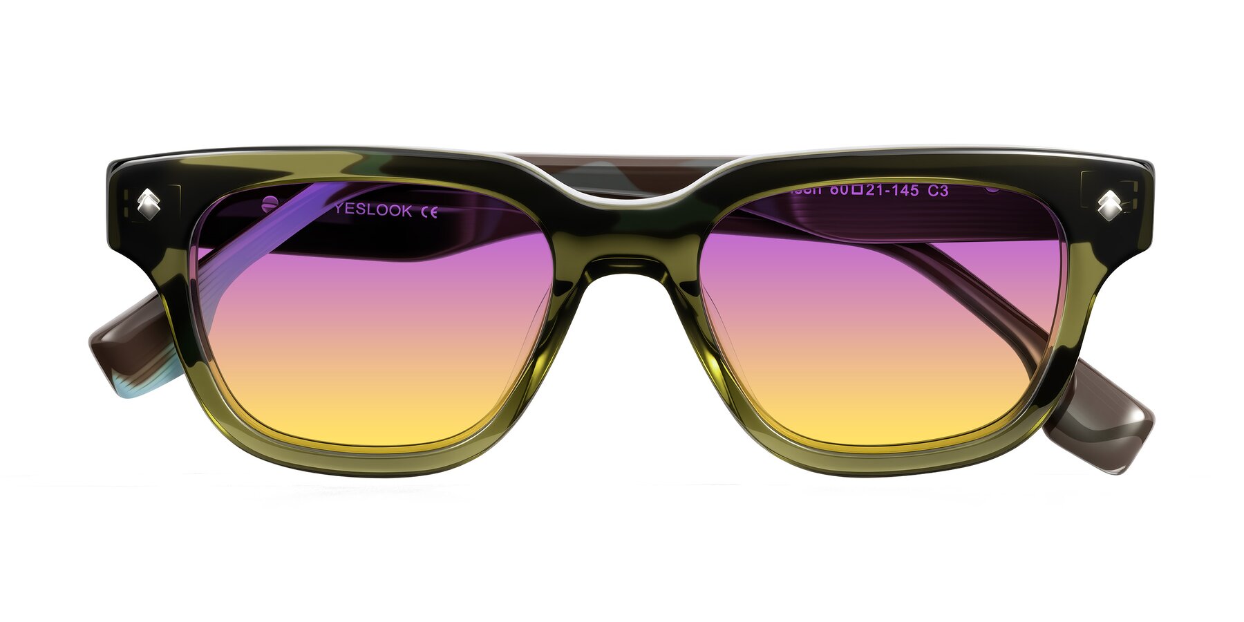 Folded Front of Jensen in Moss Green/Light Blue Striped with Purple / Yellow Gradient Lenses
