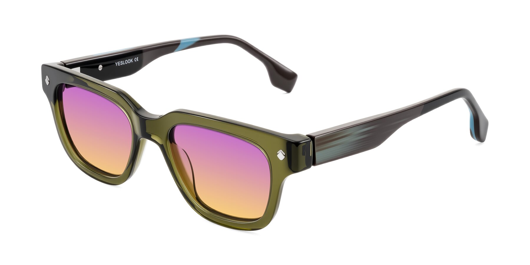 Angle of Jensen in Moss Green/Light Blue Striped with Purple / Yellow Gradient Lenses