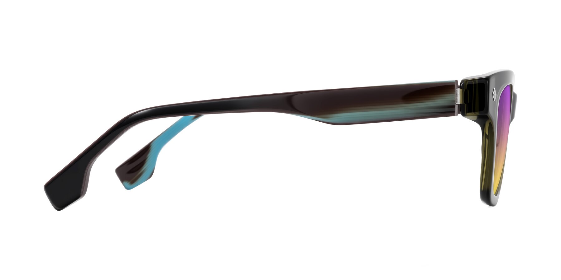 Side of Jensen in Moss Green/Light Blue Striped with Purple / Yellow Gradient Lenses
