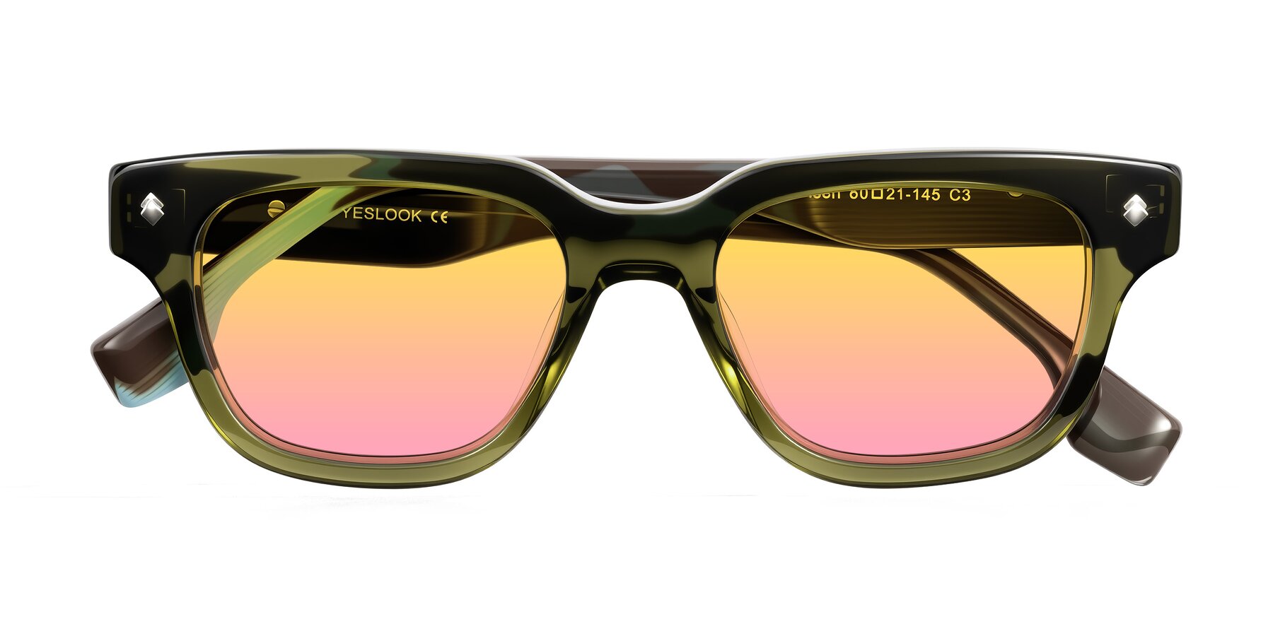Folded Front of Jensen in Moss Green/Light Blue Striped with Yellow / Pink Gradient Lenses