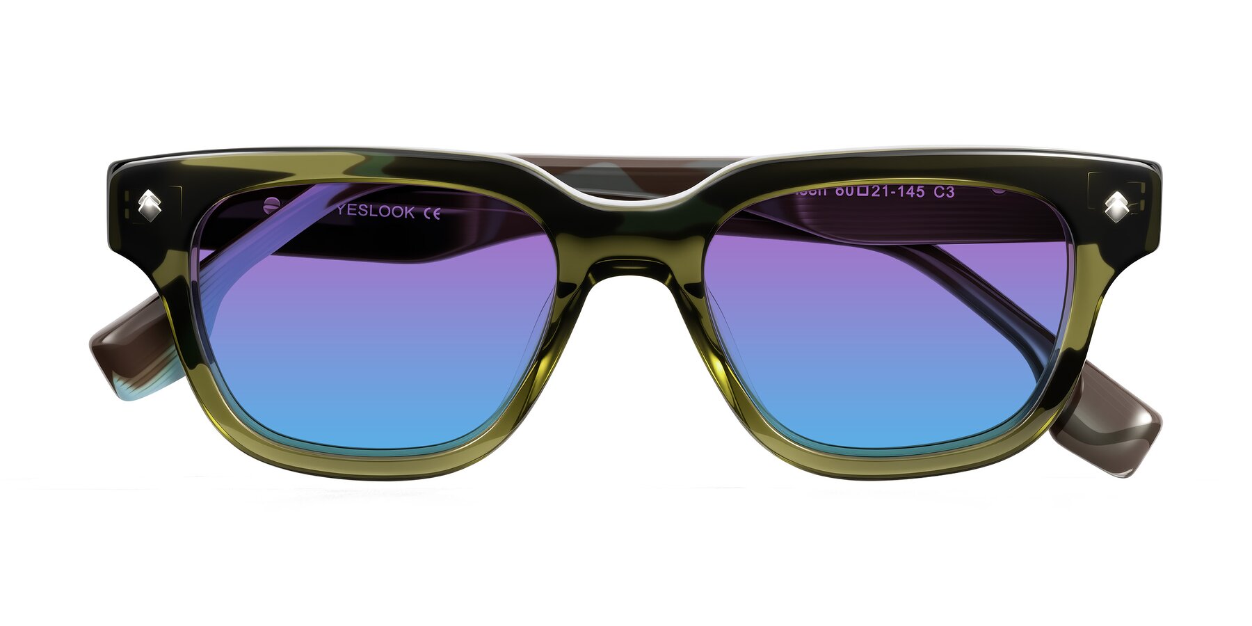 Folded Front of Jensen in Moss Green/Light Blue Striped with Purple / Blue Gradient Lenses